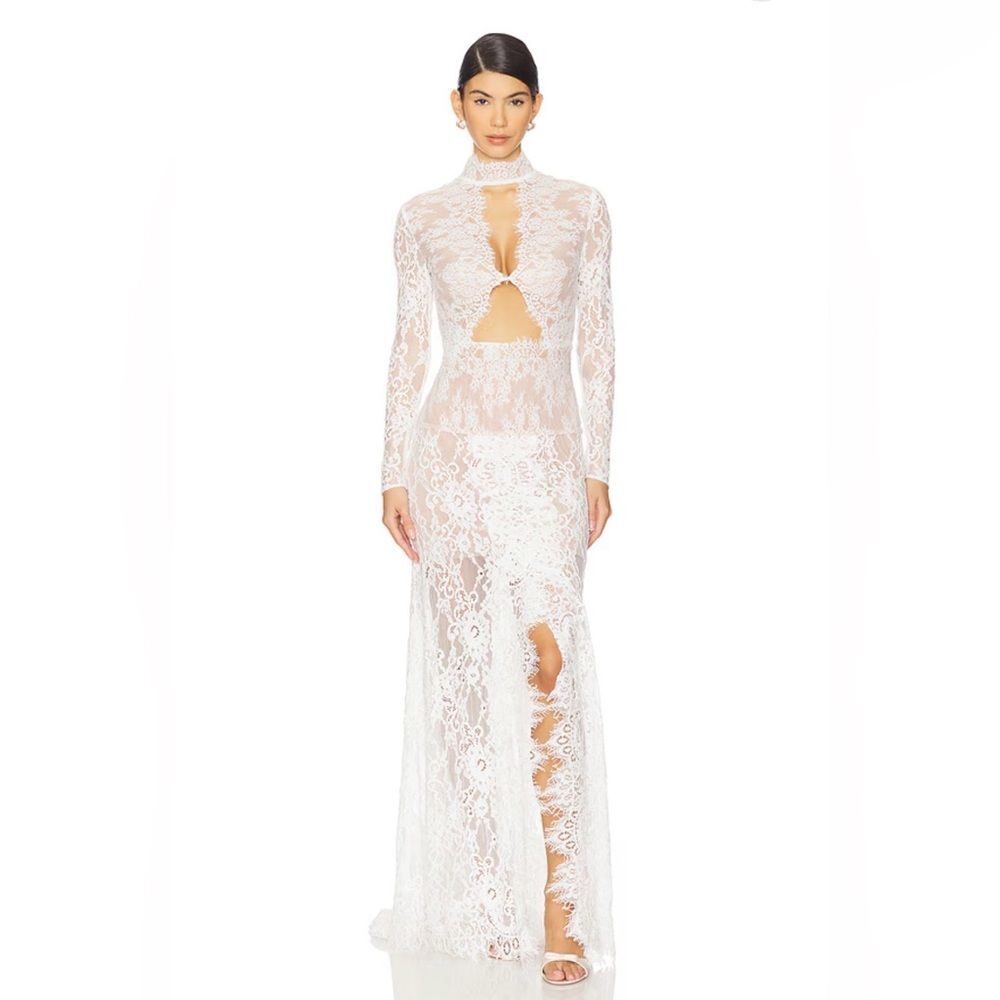 NEW BRONX AND BANCO Eleanor Long Sleeve High Slit White Lace Wedding Gown